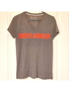 Under Armour Small Grey Orange HeatGear V-Neck Short Sleeve Athletic T-Shirt